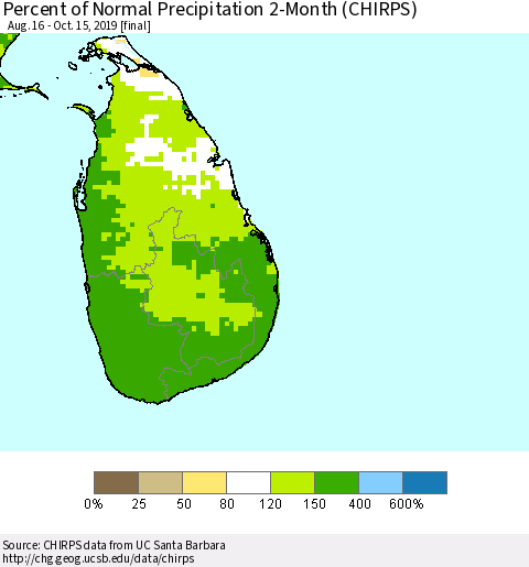Sri Lanka Percent of Normal Precipitation 2-Month (CHIRPS) Thematic Map For 8/16/2019 - 10/15/2019