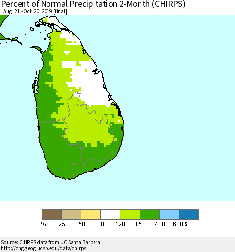 Sri Lanka Percent of Normal Precipitation 2-Month (CHIRPS) Thematic Map For 8/21/2019 - 10/20/2019