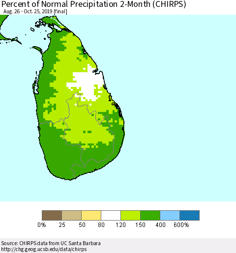 Sri Lanka Percent of Normal Precipitation 2-Month (CHIRPS) Thematic Map For 8/26/2019 - 10/25/2019