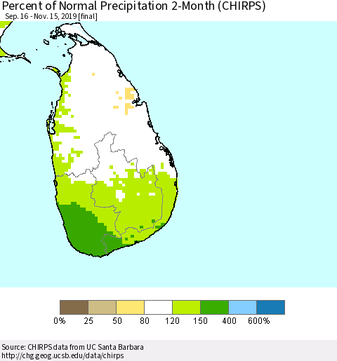 Sri Lanka Percent of Normal Precipitation 2-Month (CHIRPS) Thematic Map For 9/16/2019 - 11/15/2019