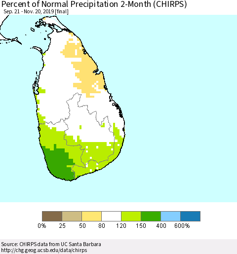 Sri Lanka Percent of Normal Precipitation 2-Month (CHIRPS) Thematic Map For 9/21/2019 - 11/20/2019