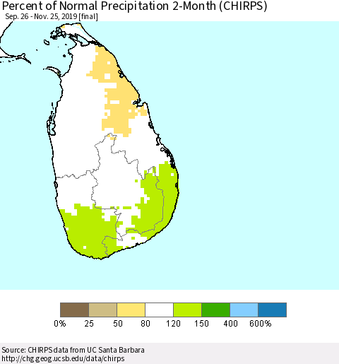 Sri Lanka Percent of Normal Precipitation 2-Month (CHIRPS) Thematic Map For 9/26/2019 - 11/25/2019