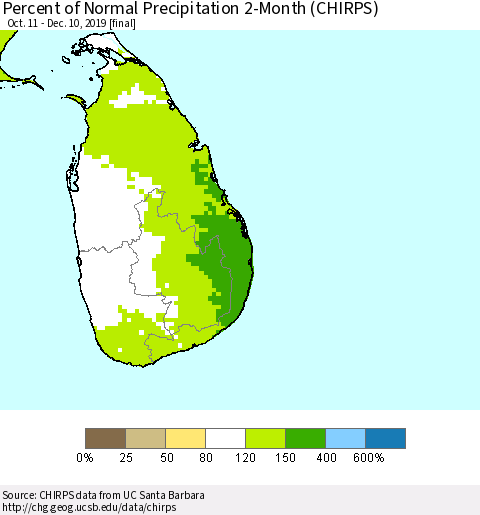 Sri Lanka Percent of Normal Precipitation 2-Month (CHIRPS) Thematic Map For 10/11/2019 - 12/10/2019