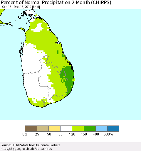 Sri Lanka Percent of Normal Precipitation 2-Month (CHIRPS) Thematic Map For 10/16/2019 - 12/15/2019