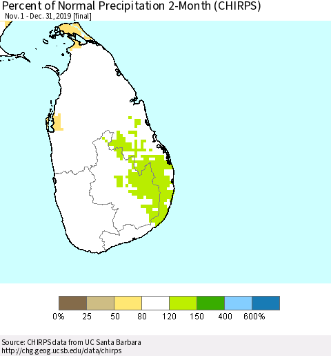 Sri Lanka Percent of Normal Precipitation 2-Month (CHIRPS) Thematic Map For 11/1/2019 - 12/31/2019