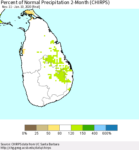 Sri Lanka Percent of Normal Precipitation 2-Month (CHIRPS) Thematic Map For 11/11/2019 - 1/10/2020