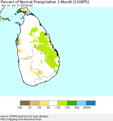 Sri Lanka Percent of Normal Precipitation 2-Month (CHIRPS) Thematic Map For 11/16/2019 - 1/15/2020