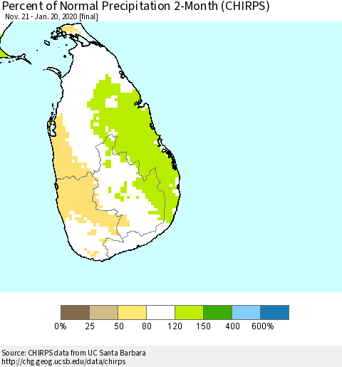 Sri Lanka Percent of Normal Precipitation 2-Month (CHIRPS) Thematic Map For 11/21/2019 - 1/20/2020