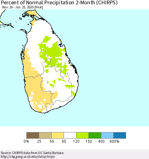 Sri Lanka Percent of Normal Precipitation 2-Month (CHIRPS) Thematic Map For 11/26/2019 - 1/25/2020