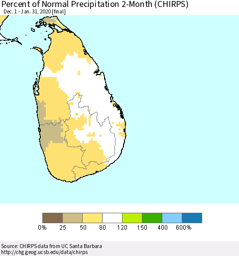 Sri Lanka Percent of Normal Precipitation 2-Month (CHIRPS) Thematic Map For 12/1/2019 - 1/31/2020