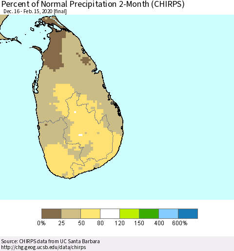 Sri Lanka Percent of Normal Precipitation 2-Month (CHIRPS) Thematic Map For 12/16/2019 - 2/15/2020