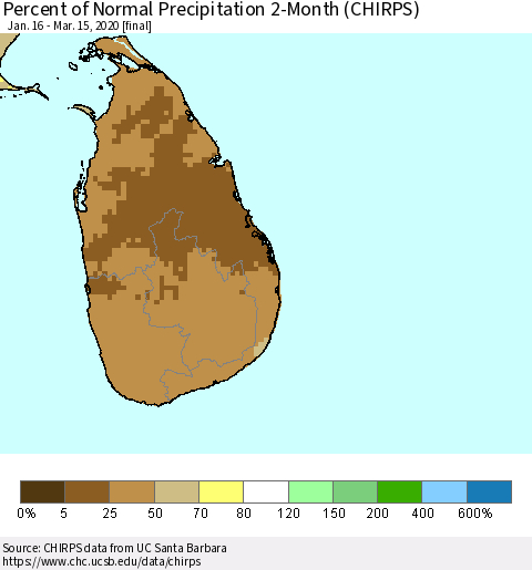 Sri Lanka Percent of Normal Precipitation 2-Month (CHIRPS) Thematic Map For 1/16/2020 - 3/15/2020