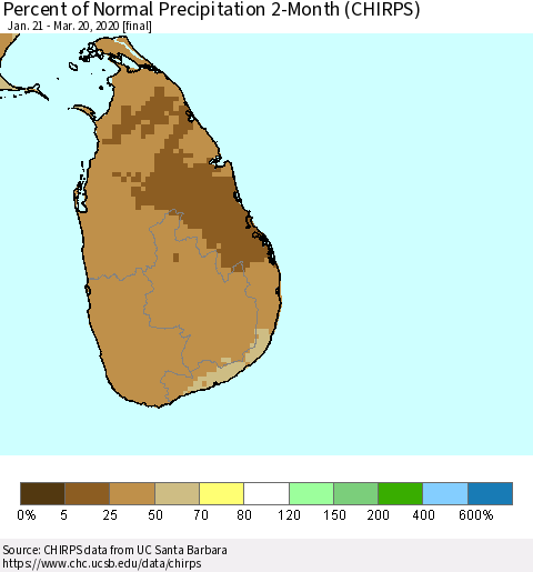 Sri Lanka Percent of Normal Precipitation 2-Month (CHIRPS) Thematic Map For 1/21/2020 - 3/20/2020