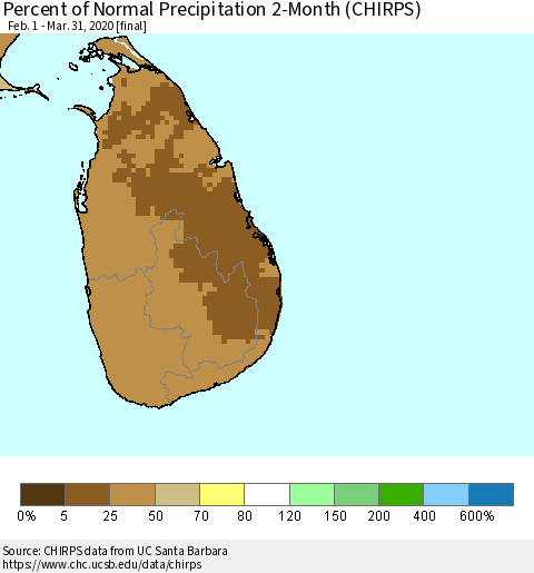Sri Lanka Percent of Normal Precipitation 2-Month (CHIRPS) Thematic Map For 2/1/2020 - 3/31/2020