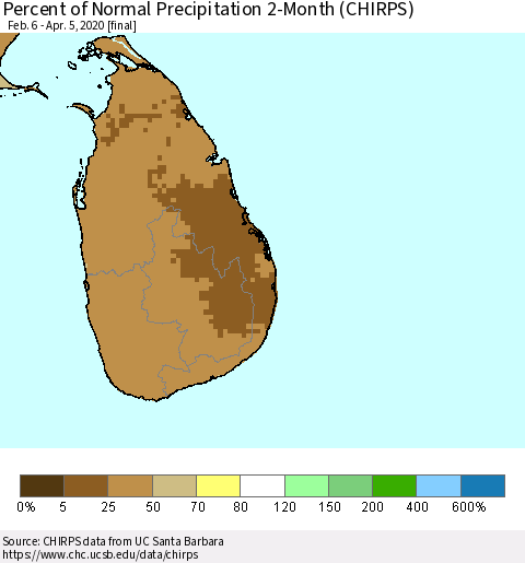 Sri Lanka Percent of Normal Precipitation 2-Month (CHIRPS) Thematic Map For 2/6/2020 - 4/5/2020