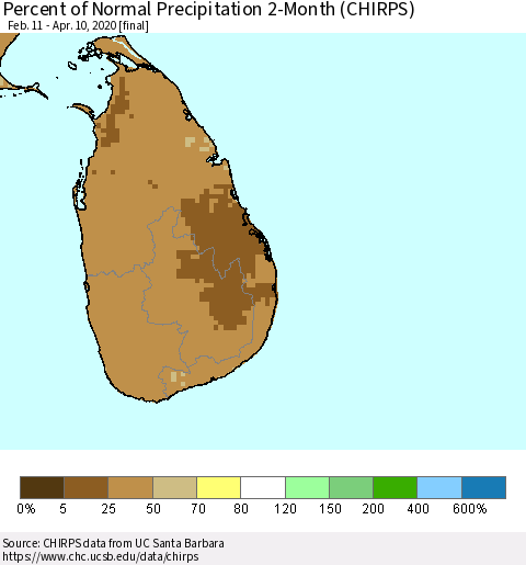 Sri Lanka Percent of Normal Precipitation 2-Month (CHIRPS) Thematic Map For 2/11/2020 - 4/10/2020