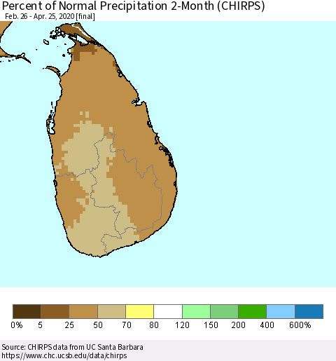 Sri Lanka Percent of Normal Precipitation 2-Month (CHIRPS) Thematic Map For 2/26/2020 - 4/25/2020