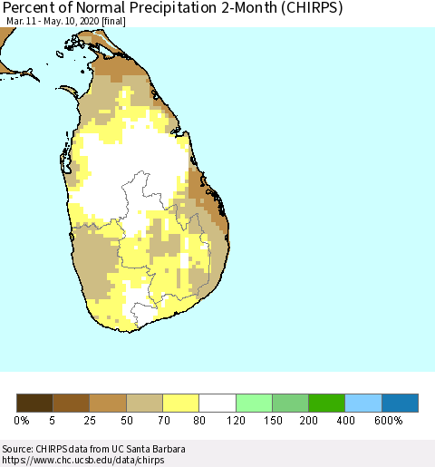 Sri Lanka Percent of Normal Precipitation 2-Month (CHIRPS) Thematic Map For 3/11/2020 - 5/10/2020