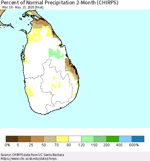 Sri Lanka Percent of Normal Precipitation 2-Month (CHIRPS) Thematic Map For 3/16/2020 - 5/15/2020