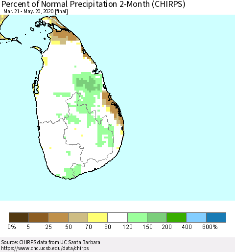 Sri Lanka Percent of Normal Precipitation 2-Month (CHIRPS) Thematic Map For 3/21/2020 - 5/20/2020
