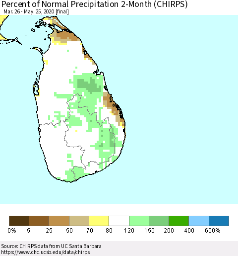 Sri Lanka Percent of Normal Precipitation 2-Month (CHIRPS) Thematic Map For 3/26/2020 - 5/25/2020