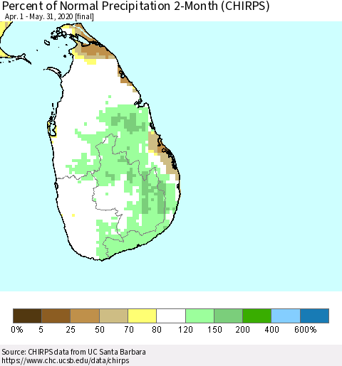 Sri Lanka Percent of Normal Precipitation 2-Month (CHIRPS) Thematic Map For 4/1/2020 - 5/31/2020