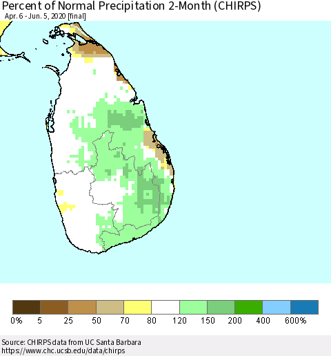 Sri Lanka Percent of Normal Precipitation 2-Month (CHIRPS) Thematic Map For 4/6/2020 - 6/5/2020