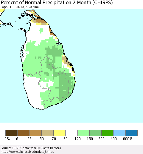 Sri Lanka Percent of Normal Precipitation 2-Month (CHIRPS) Thematic Map For 4/11/2020 - 6/10/2020