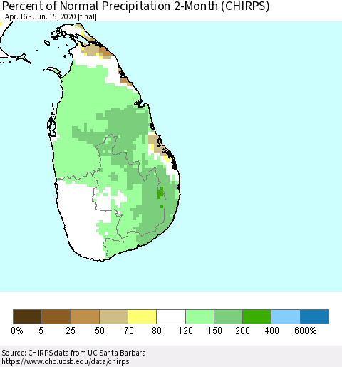 Sri Lanka Percent of Normal Precipitation 2-Month (CHIRPS) Thematic Map For 4/16/2020 - 6/15/2020