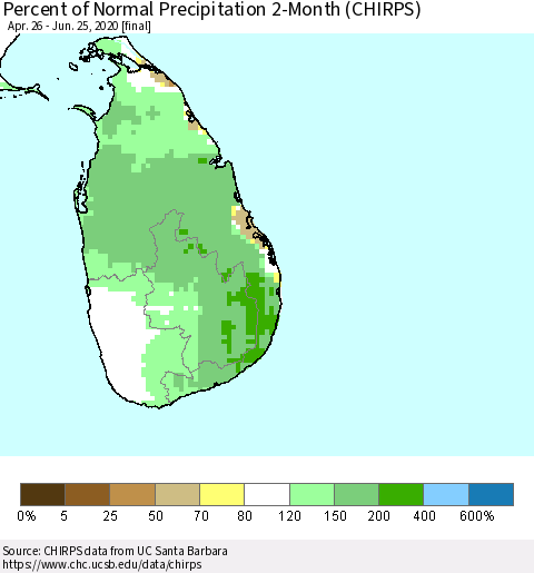 Sri Lanka Percent of Normal Precipitation 2-Month (CHIRPS) Thematic Map For 4/26/2020 - 6/25/2020