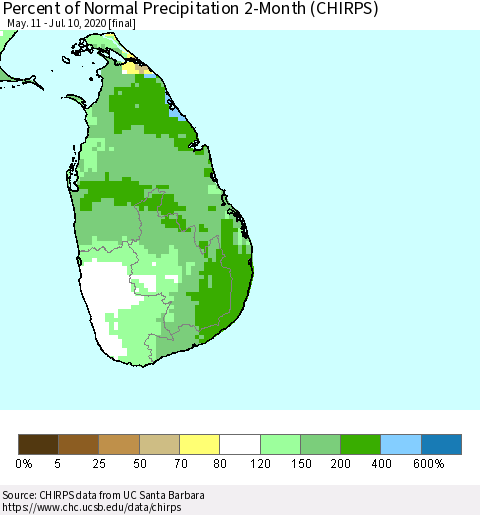 Sri Lanka Percent of Normal Precipitation 2-Month (CHIRPS) Thematic Map For 5/11/2020 - 7/10/2020