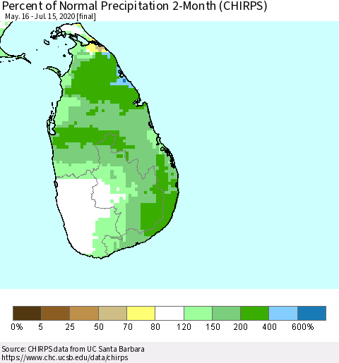 Sri Lanka Percent of Normal Precipitation 2-Month (CHIRPS) Thematic Map For 5/16/2020 - 7/15/2020