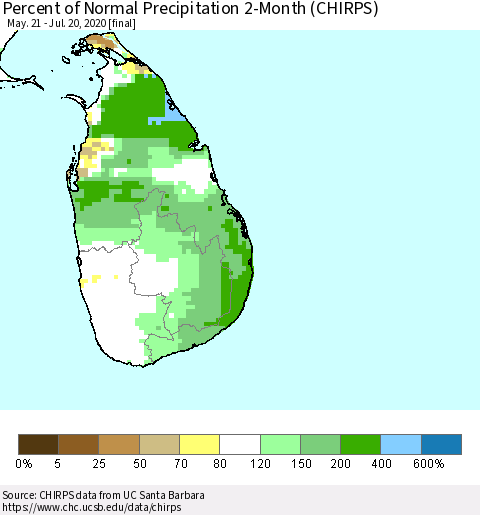 Sri Lanka Percent of Normal Precipitation 2-Month (CHIRPS) Thematic Map For 5/21/2020 - 7/20/2020