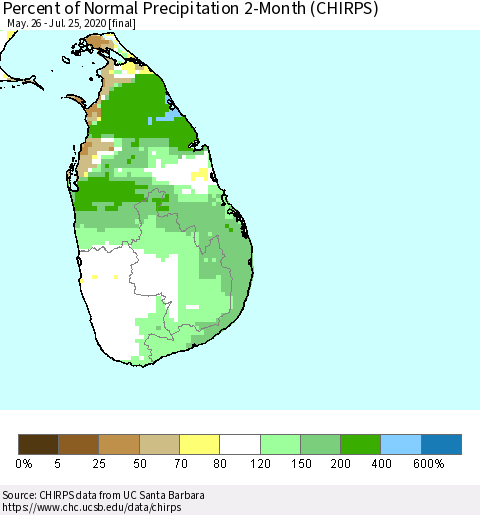 Sri Lanka Percent of Normal Precipitation 2-Month (CHIRPS) Thematic Map For 5/26/2020 - 7/25/2020