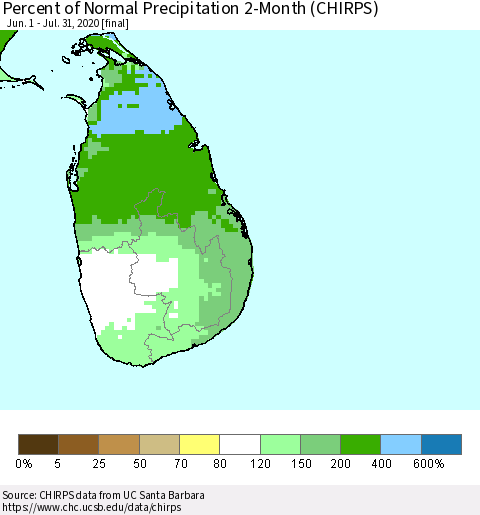 Sri Lanka Percent of Normal Precipitation 2-Month (CHIRPS) Thematic Map For 6/1/2020 - 7/31/2020