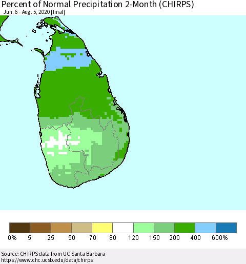 Sri Lanka Percent of Normal Precipitation 2-Month (CHIRPS) Thematic Map For 6/6/2020 - 8/5/2020