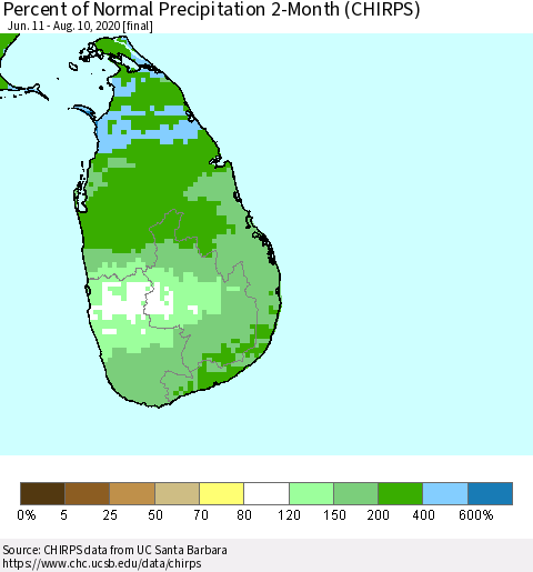 Sri Lanka Percent of Normal Precipitation 2-Month (CHIRPS) Thematic Map For 6/11/2020 - 8/10/2020
