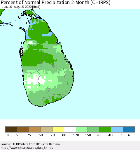Sri Lanka Percent of Normal Precipitation 2-Month (CHIRPS) Thematic Map For 6/16/2020 - 8/15/2020