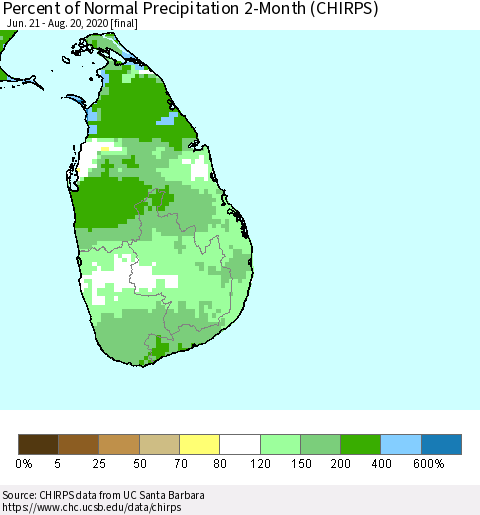 Sri Lanka Percent of Normal Precipitation 2-Month (CHIRPS) Thematic Map For 6/21/2020 - 8/20/2020