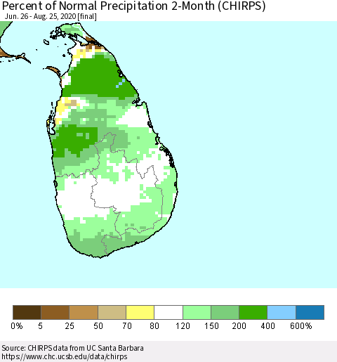 Sri Lanka Percent of Normal Precipitation 2-Month (CHIRPS) Thematic Map For 6/26/2020 - 8/25/2020