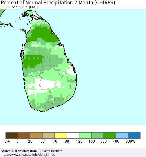 Sri Lanka Percent of Normal Precipitation 2-Month (CHIRPS) Thematic Map For 7/6/2020 - 9/5/2020