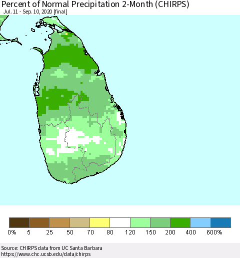 Sri Lanka Percent of Normal Precipitation 2-Month (CHIRPS) Thematic Map For 7/11/2020 - 9/10/2020