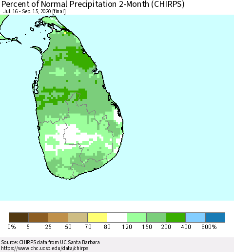 Sri Lanka Percent of Normal Precipitation 2-Month (CHIRPS) Thematic Map For 7/16/2020 - 9/15/2020