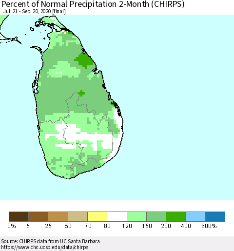 Sri Lanka Percent of Normal Precipitation 2-Month (CHIRPS) Thematic Map For 7/21/2020 - 9/20/2020