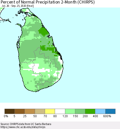 Sri Lanka Percent of Normal Precipitation 2-Month (CHIRPS) Thematic Map For 7/26/2020 - 9/25/2020