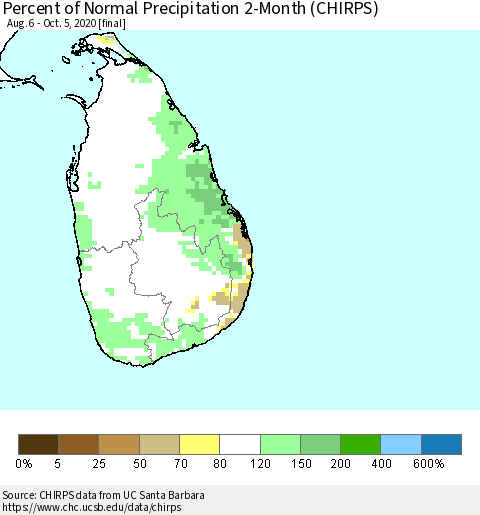 Sri Lanka Percent of Normal Precipitation 2-Month (CHIRPS) Thematic Map For 8/6/2020 - 10/5/2020