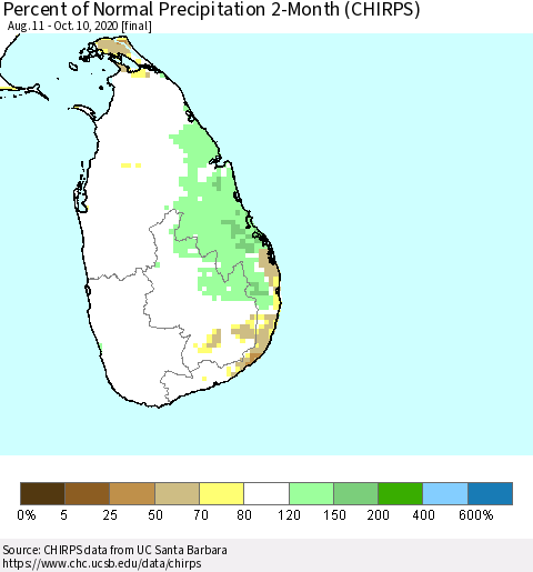 Sri Lanka Percent of Normal Precipitation 2-Month (CHIRPS) Thematic Map For 8/11/2020 - 10/10/2020