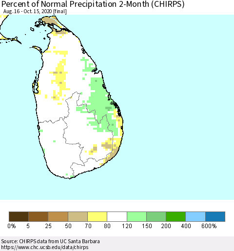 Sri Lanka Percent of Normal Precipitation 2-Month (CHIRPS) Thematic Map For 8/16/2020 - 10/15/2020