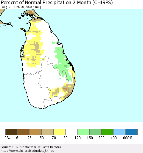 Sri Lanka Percent of Normal Precipitation 2-Month (CHIRPS) Thematic Map For 8/21/2020 - 10/20/2020