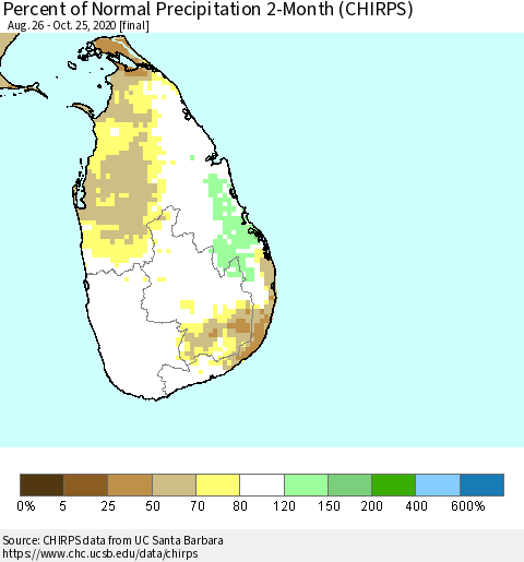 Sri Lanka Percent of Normal Precipitation 2-Month (CHIRPS) Thematic Map For 8/26/2020 - 10/25/2020